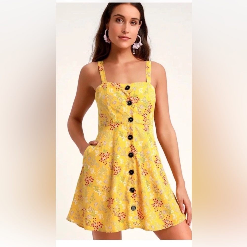Lulus Wandering Wildflower Yellow Floral Print Button-Up Skater Dress Size S NWT
